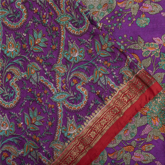 Sanskriti Vintage Sarees Purple Indian Pure Silk Printed Sari 5+yd Craft Fabric