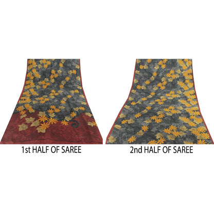 Sanskriti Vintage Sarees Gay Pure Silk Floral Printed Sari 5+yd Craft Fabric