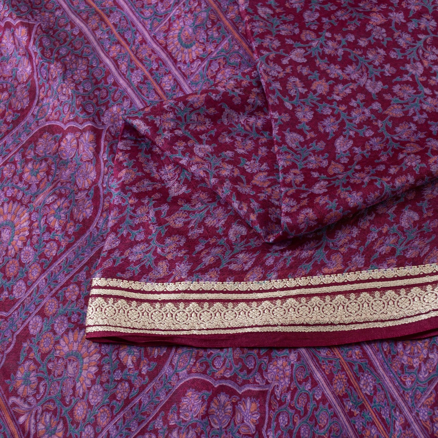 Sanskriti Vintage Sarees Purple Pure Silk Kashmiri Floral Print Sari 5+yd Fabric