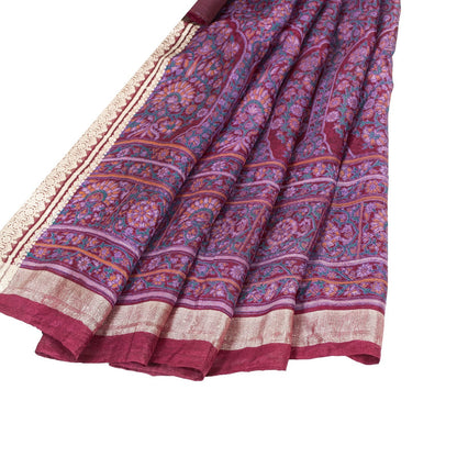 Sanskriti Vintage Sarees Purple Pure Silk Kashmiri Floral Print Sari 5+yd Fabric