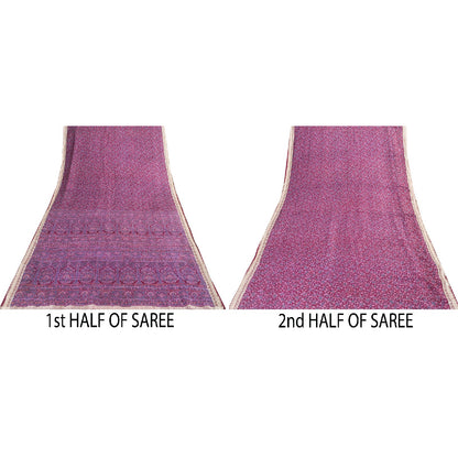 Sanskriti Vintage Sarees Purple Pure Silk Kashmiri Floral Print Sari 5+yd Fabric