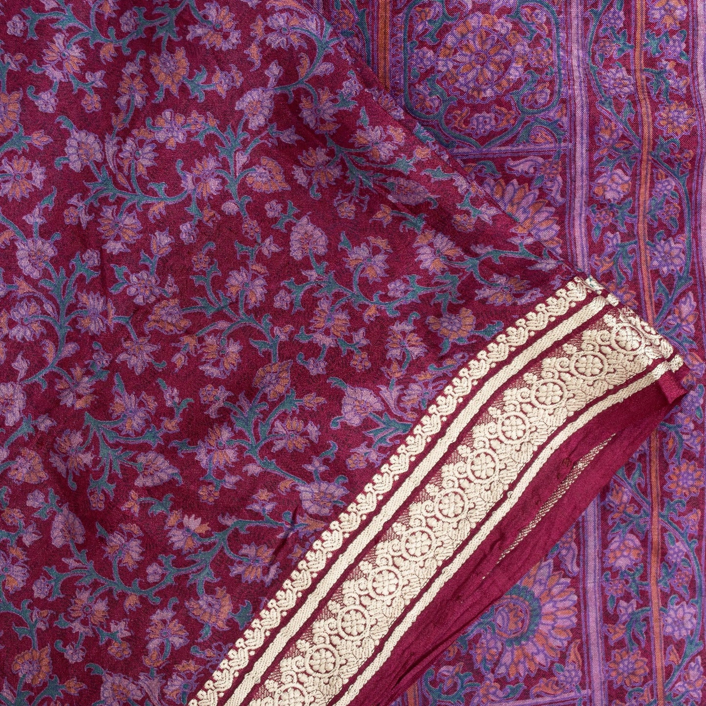 Sanskriti Vintage Sarees Purple Pure Silk Kashmiri Floral Print Sari 5+yd Fabric
