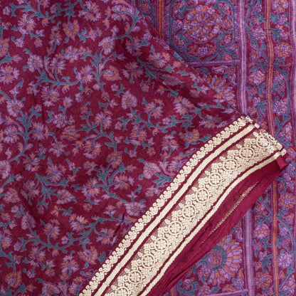Sanskriti Vintage Sarees Purple Pure Silk Kashmiri Floral Print Sari 5+yd Fabric