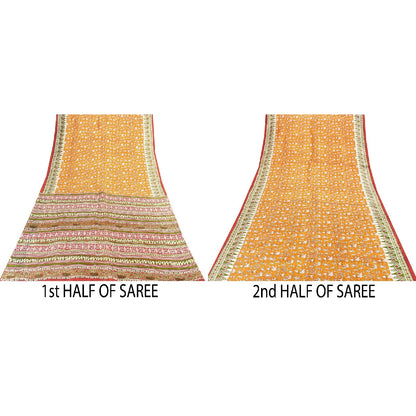 Sanskriti Vintage Sarees Yellow Pure Silk Paisley GeometricPrint Sari 6yd Fabric