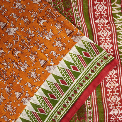 Sanskriti Vintage Sarees Yellow Pure Silk Paisley GeometricPrint Sari 6yd Fabric