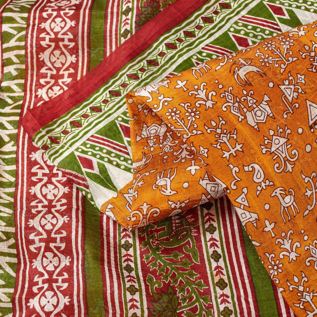 Sanskriti Vintage Sarees Yellow Pure Silk Paisley GeometricPrint Sari 6yd Fabric