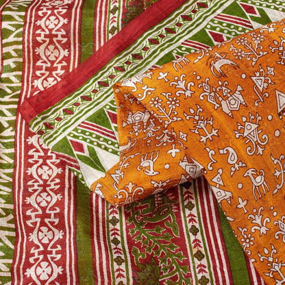 Sanskriti Vintage Sarees Yellow Pure Silk Paisley GeometricPrint Sari 6yd Fabric