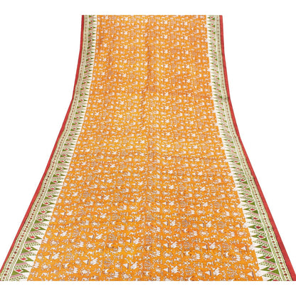 Sanskriti Vintage Sarees Yellow Pure Silk Paisley GeometricPrint Sari 6yd Fabric