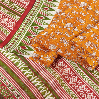 Sanskriti Vintage Sarees Yellow Pure Silk Paisley GeometricPrint Sari 6yd Fabric