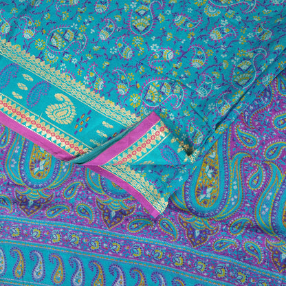 Sanskriti Vintage Sarees Blue & Purple Pure Silk Floral &Paisley Print 5+yd Sari