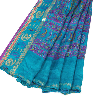 Sanskriti Vintage Sarees Blue & Purple Pure Silk Floral &Paisley Print 5+yd Sari
