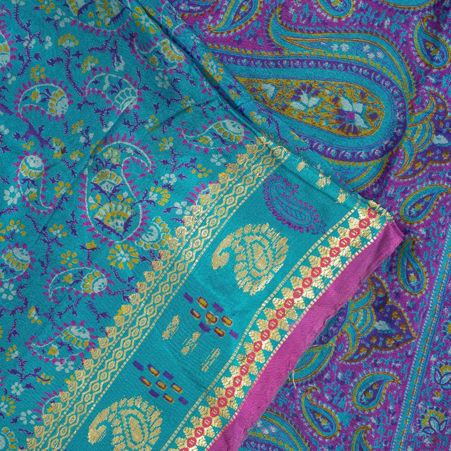Sanskriti Vintage Sarees Blue & Purple Pure Silk Floral &Paisley Print 5+yd Sari