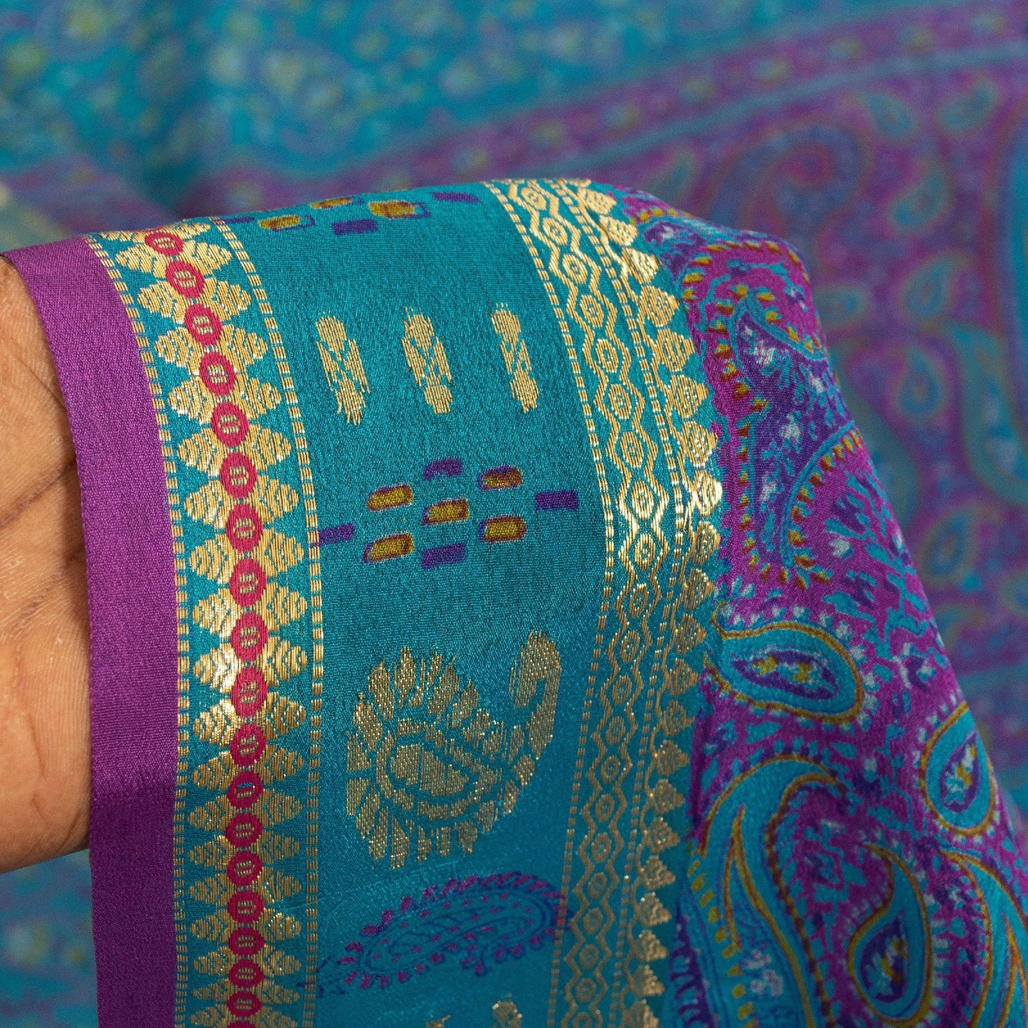 Sanskriti Vintage Sarees Blue & Purple Pure Silk Floral &Paisley Print 5+yd Sari
