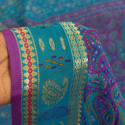 Sanskriti Vintage Sarees Blue & Purple Pure Silk Floral &Paisley Print 5+yd Sari
