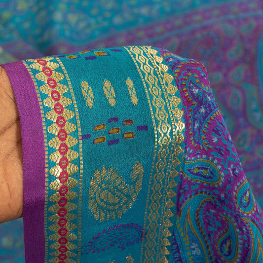 Sanskriti Vintage Sarees Blue & Purple Pure Silk Floral &Paisley Print 5+yd Sari