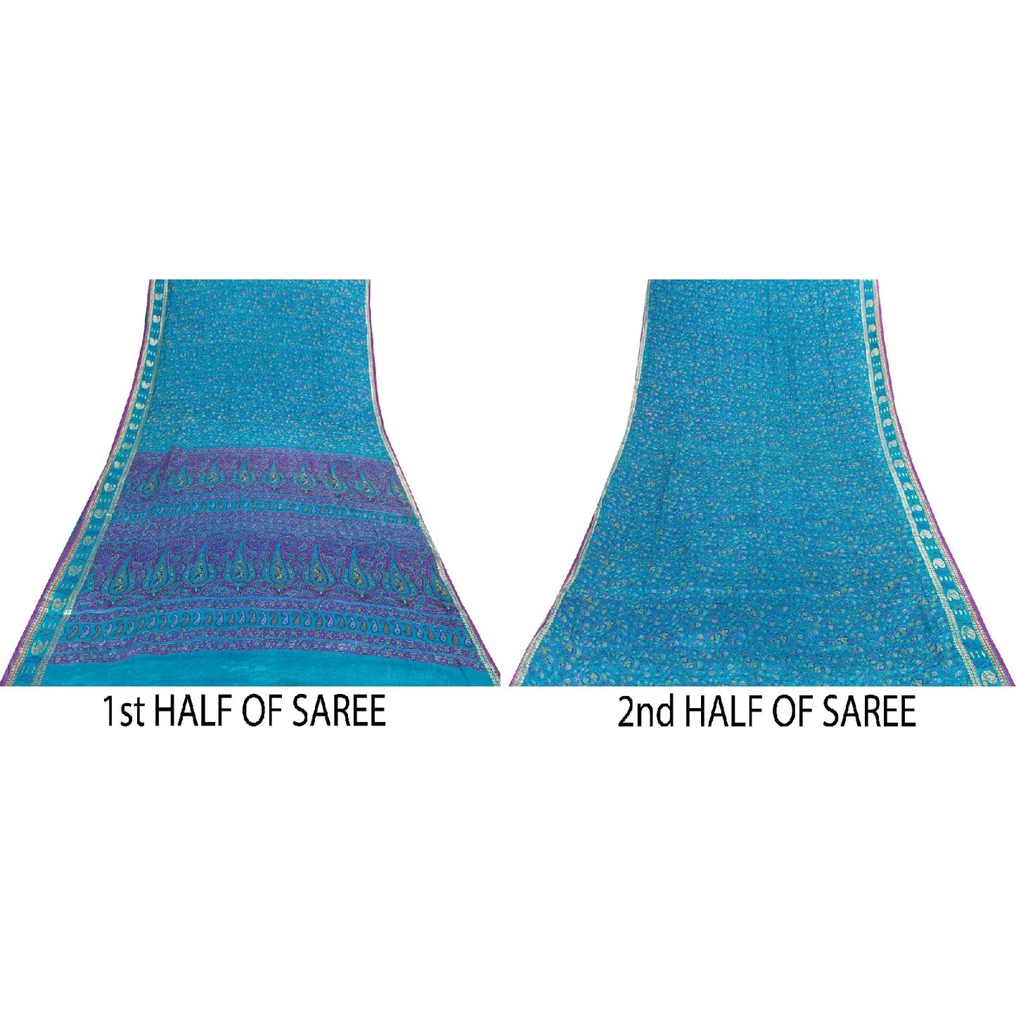 Sanskriti Vintage Sarees Blue & Purple Pure Silk Floral &Paisley Print 5+yd Sari
