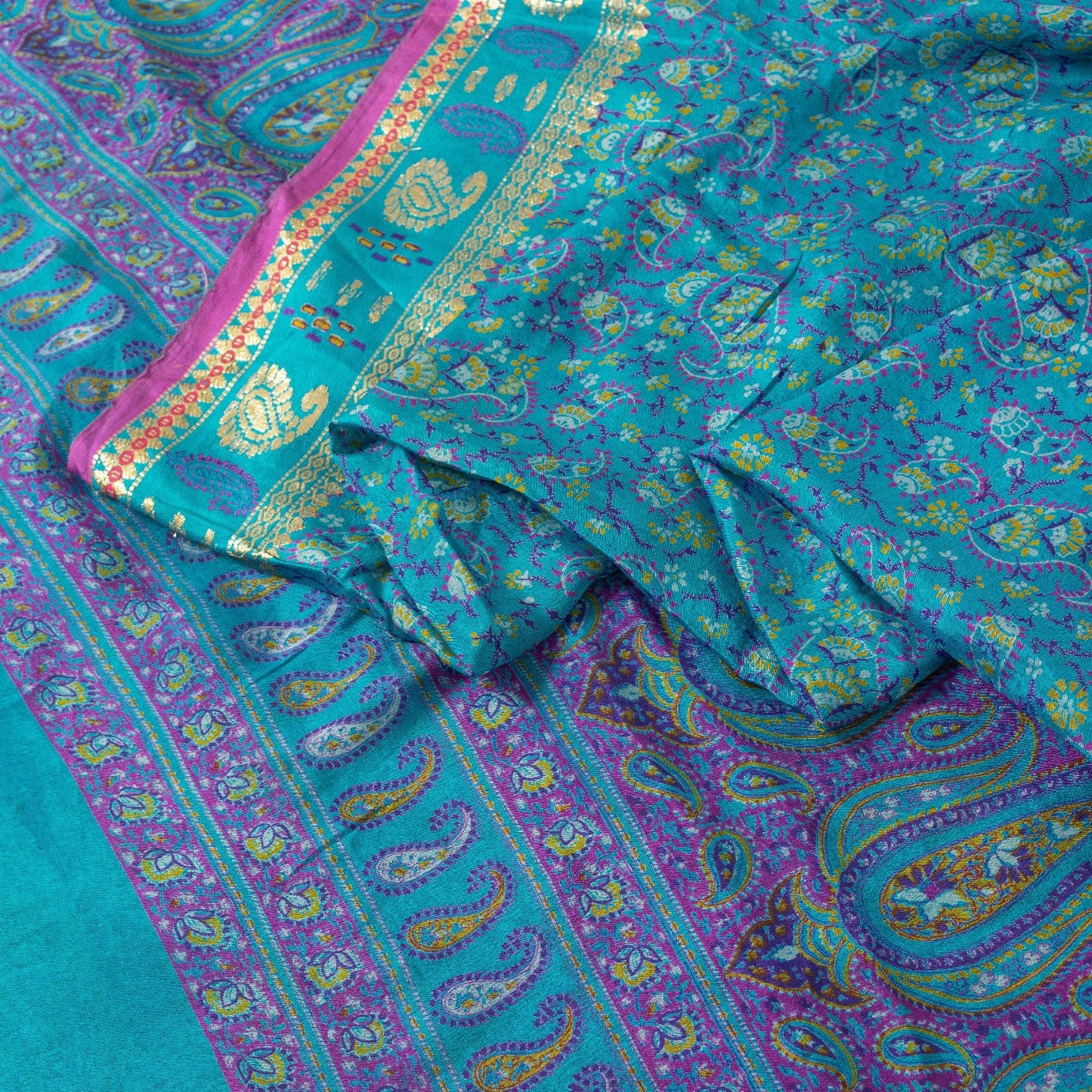 Sanskriti Vintage Sarees Blue & Purple Pure Silk Floral &Paisley Print 5+yd Sari