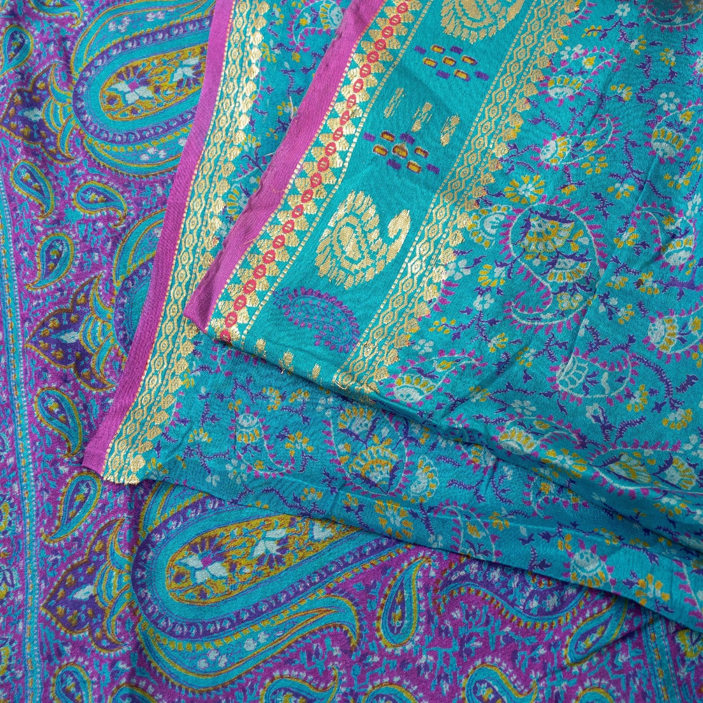 Sanskriti Vintage Sarees Blue & Purple Pure Silk Floral &Paisley Print 5+yd Sari