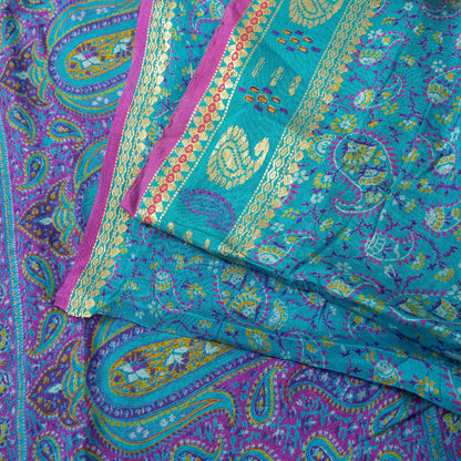 Sanskriti Vintage Sarees Blue & Purple Pure Silk Floral &Paisley Print 5+yd Sari