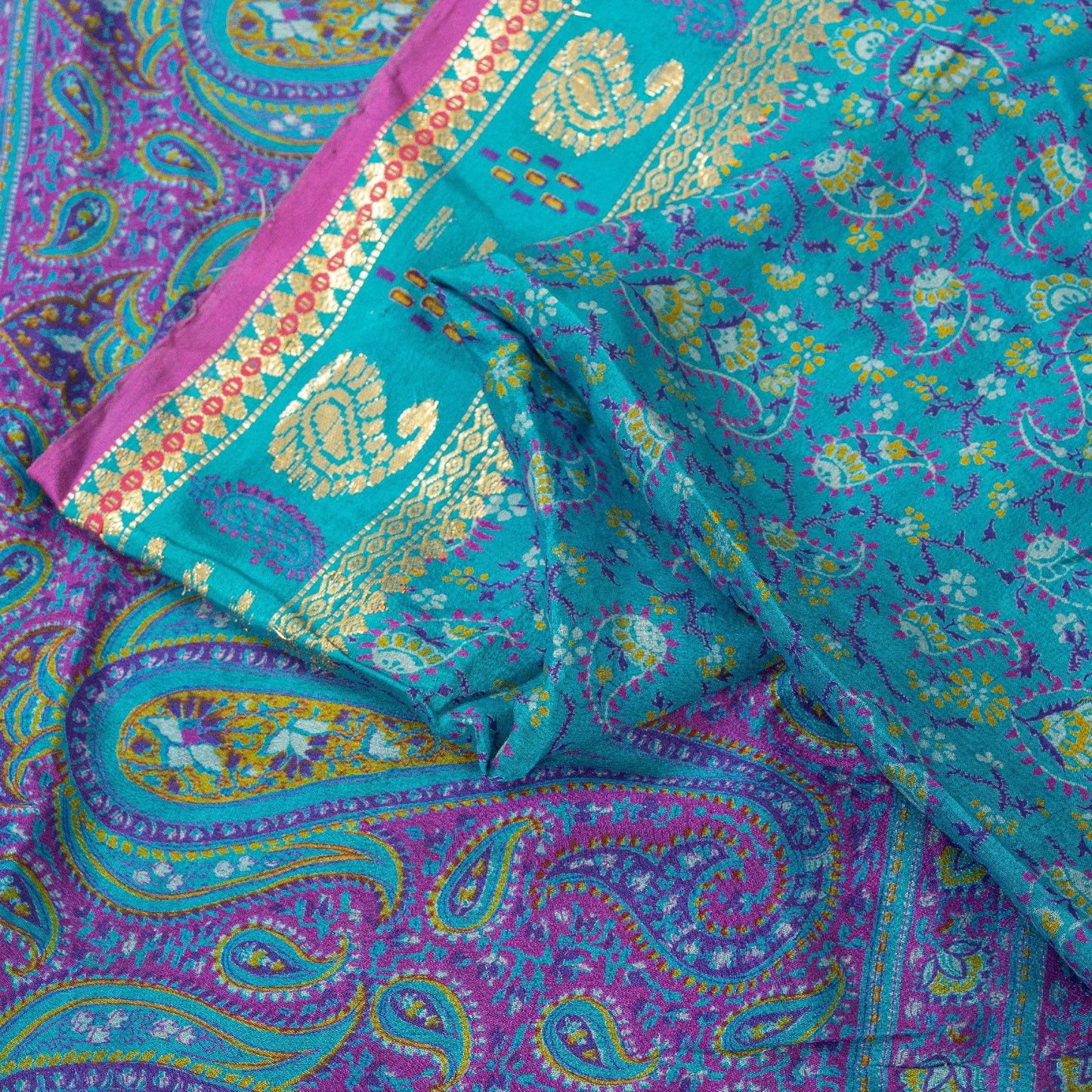Sanskriti Vintage Sarees Blue & Purple Pure Silk Floral &Paisley Print 5+yd Sari