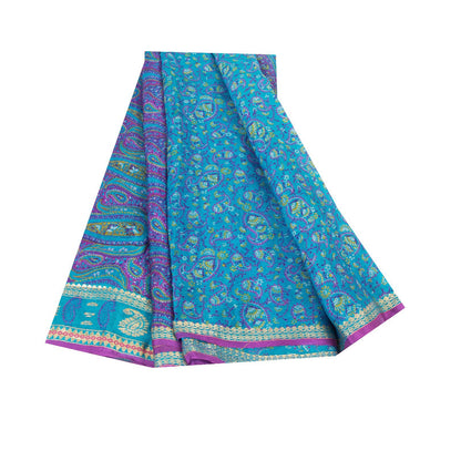 Sanskriti Vintage Sarees Blue & Purple Pure Silk Floral &Paisley Print 5+yd Sari