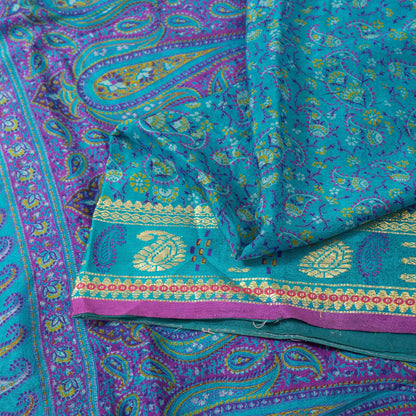 Sanskriti Vintage Sarees Blue & Purple Pure Silk Floral &Paisley Print 5+yd Sari