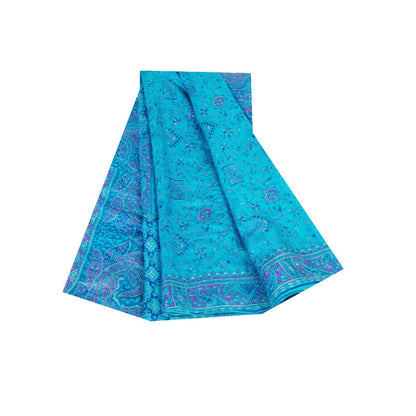 Sanskriti Vintage Sarees Blue Pure Silk Floral Printed Sari 6+yd Craft Fabric