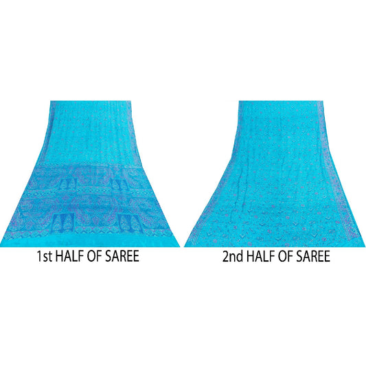 Sanskriti Vintage Sarees Blue Pure Silk Floral Printed Sari 6+yd Craft Fabric