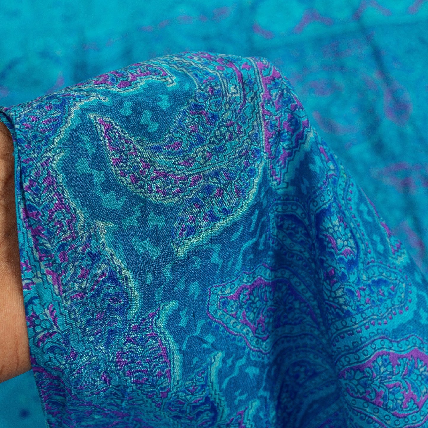 Sanskriti Vintage Sarees Blue Pure Silk Floral Printed Sari 6+yd Craft Fabric