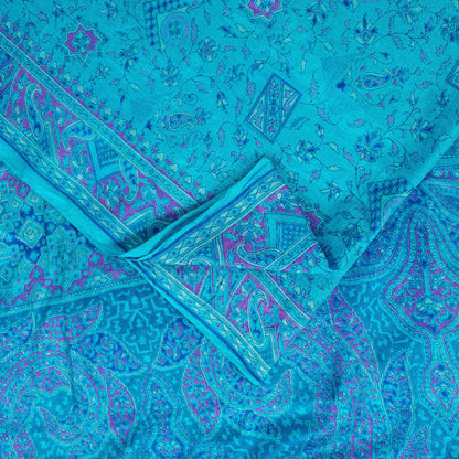 Sanskriti Vintage Sarees Blue Pure Silk Floral Printed Sari 6+yd Craft Fabric