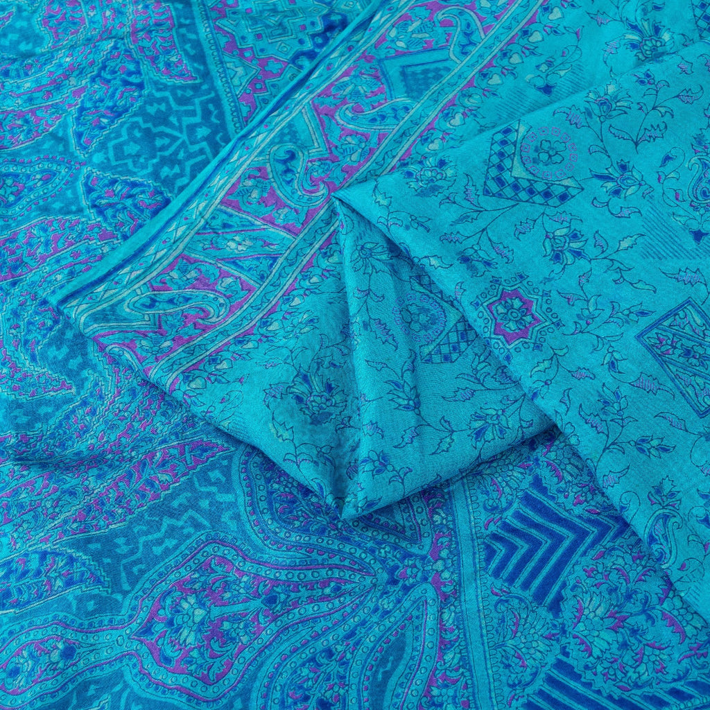 Sanskriti Vintage Sarees Blue Pure Silk Floral Printed Sari 6+yd Craft Fabric