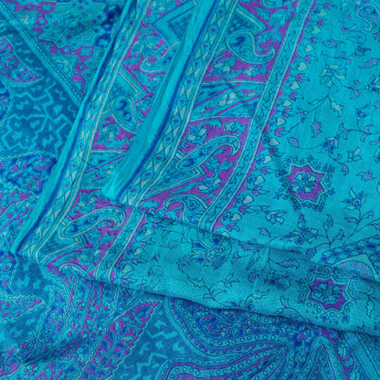 Sanskriti Vintage Sarees Blue Pure Silk Floral Printed Sari 6+yd Craft Fabric