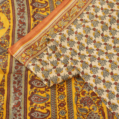 Sanskriti Vintage Sarees Cream Pure Silk Floral Print 5+YD Sari Upcycling Fabric