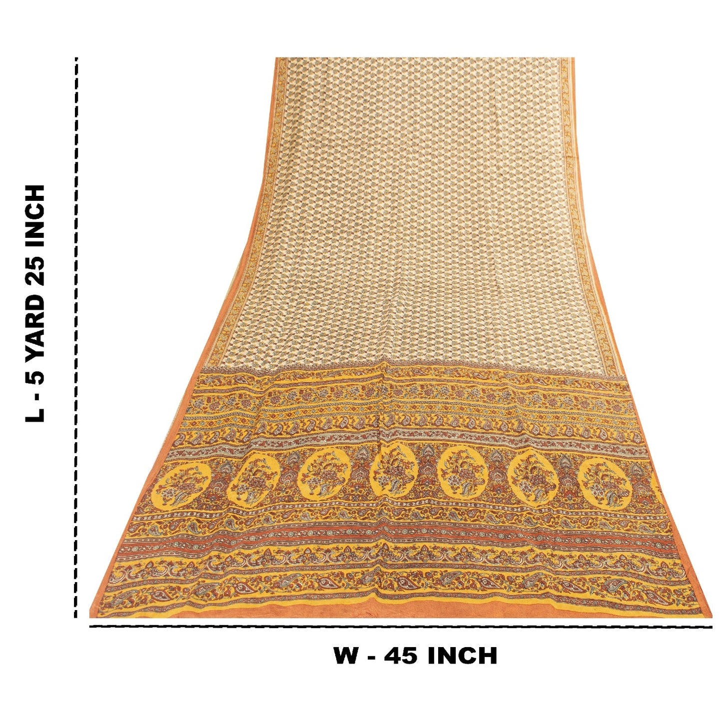 Sanskriti Vintage Sarees Cream Pure Silk Floral Print 5+YD Sari Upcycling Fabric