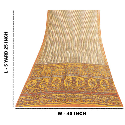 Sanskriti Vintage Sarees Cream Pure Silk Floral Print 5+YD Sari Upcycling Fabric