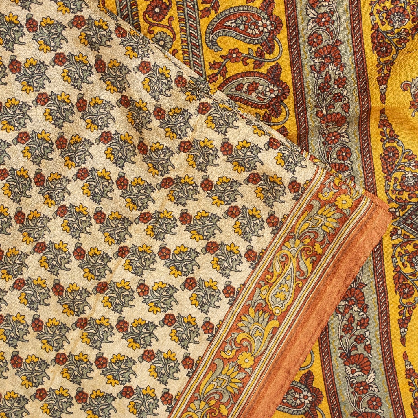 Sanskriti Vintage Sarees Cream Pure Silk Floral Print 5+YD Sari Upcycling Fabric