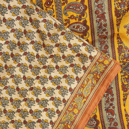 Sanskriti Vintage Sarees Cream Pure Silk Floral Print 5+YD Sari Upcycling Fabric