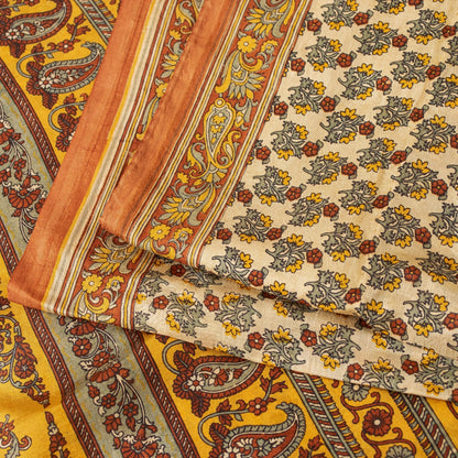 Sanskriti Vintage Sarees Cream Pure Silk Floral Print 5+YD Sari Upcycling Fabric