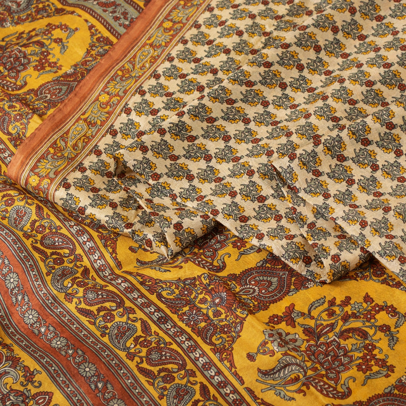 Sanskriti Vintage Sarees Cream Pure Silk Floral Print 5+YD Sari Upcycling Fabric