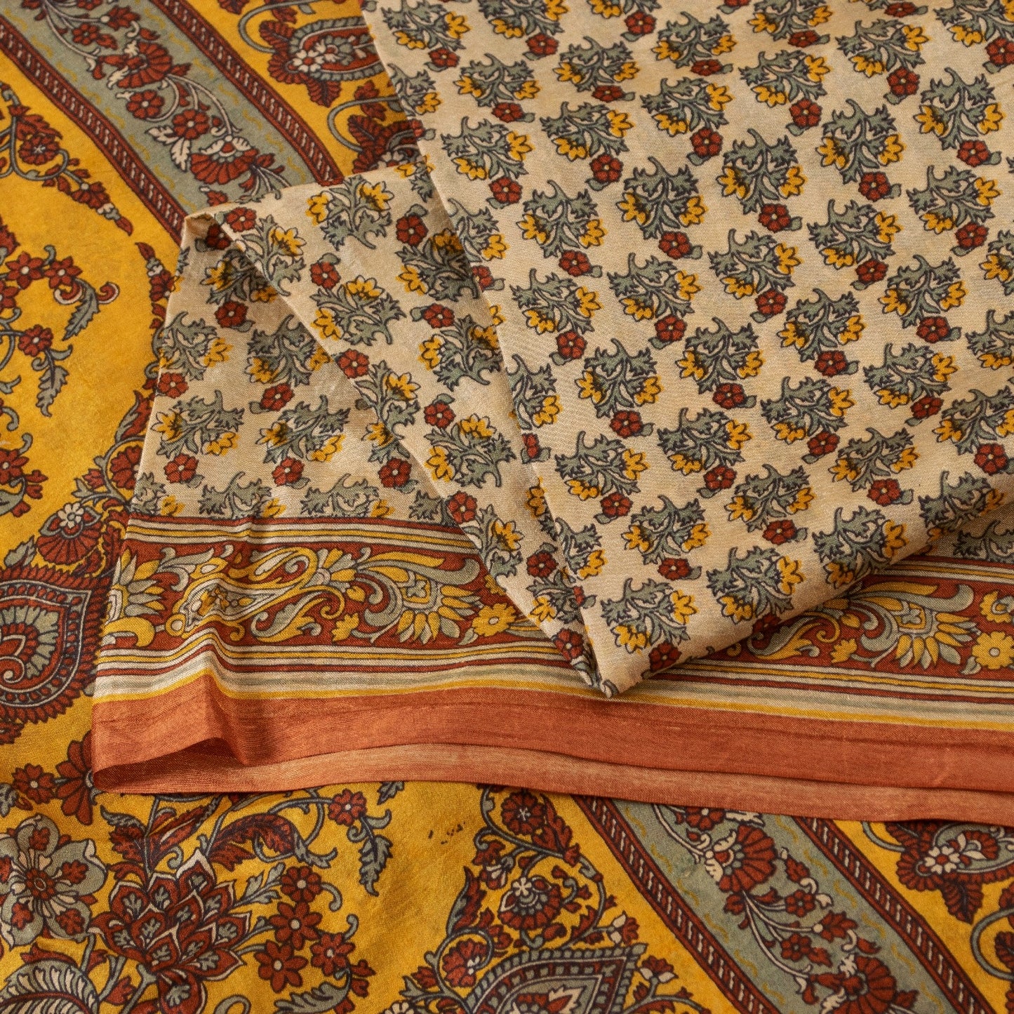 Sanskriti Vintage Sarees Cream Pure Silk Floral Print 5+YD Sari Upcycling Fabric
