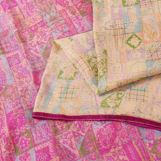 Sanskriti Vintage Sarees Ivory Pure Silk Floral Print 5+YD Sari For DIY Projects