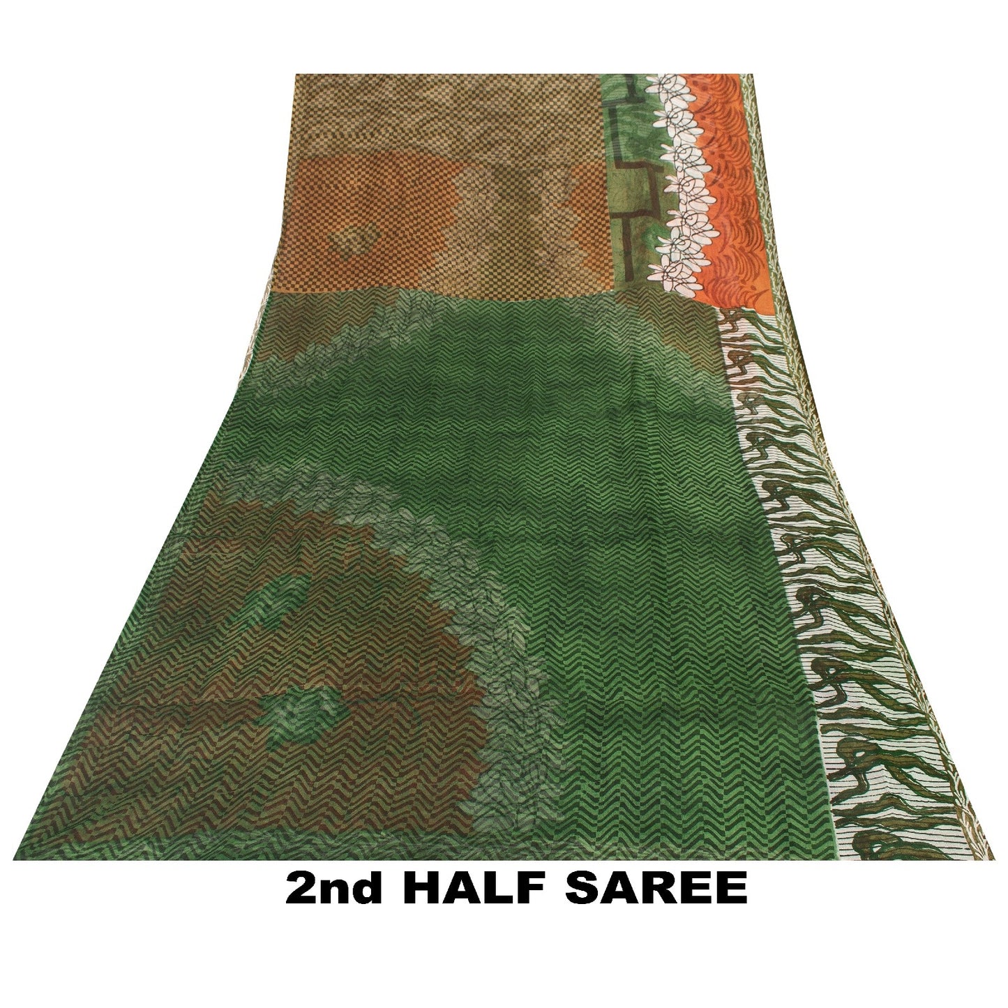 Sanskriti Vintage Sarees Green Pure Silk Geometric Print 5+YD Sari For Crafting