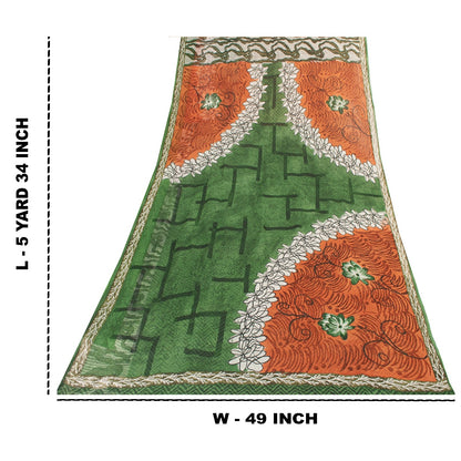 Sanskriti Vintage Sarees Green Pure Silk Geometric Print 5+YD Sari For Crafting