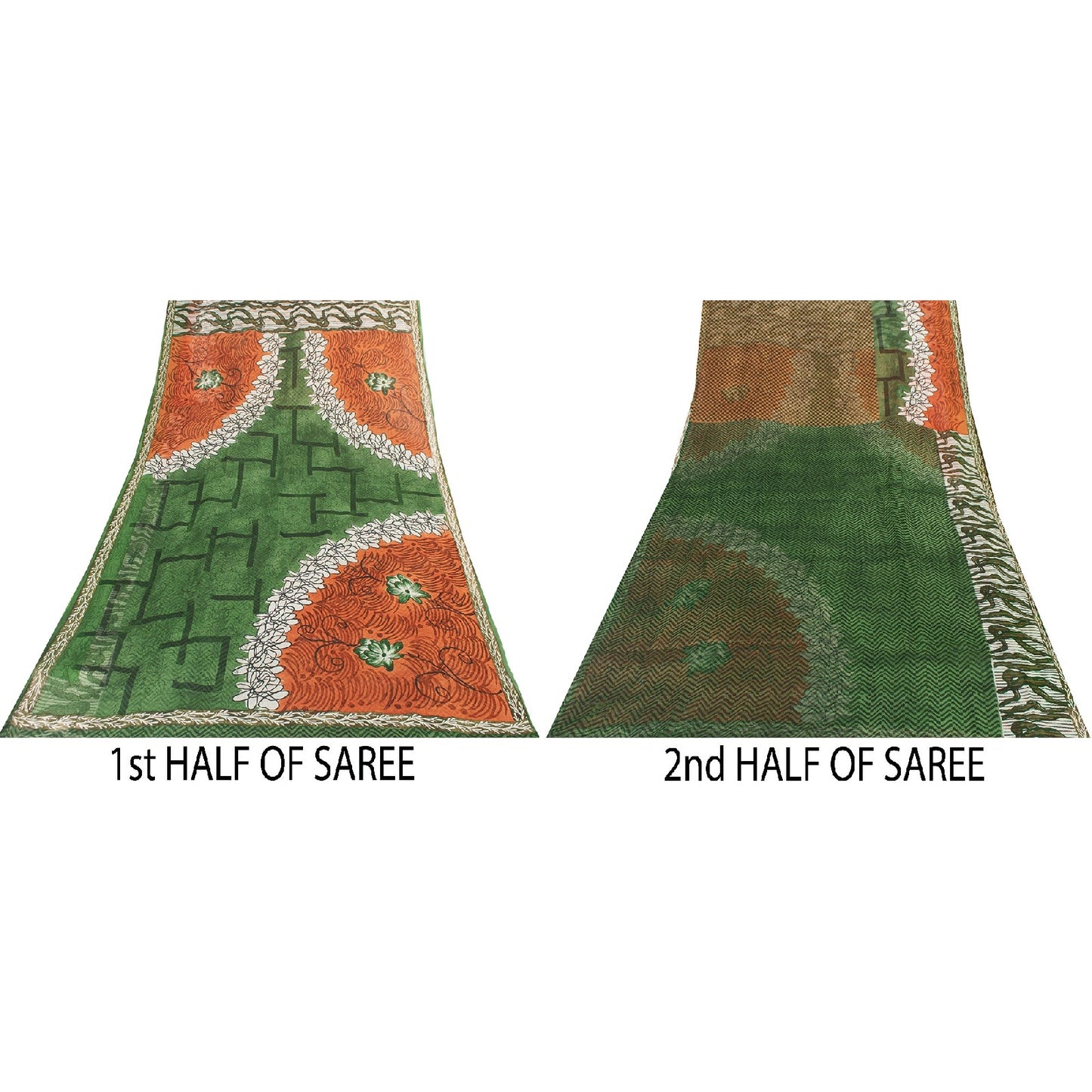 Sanskriti Vintage Sarees Green Pure Silk Geometric Print 5+YD Sari For Crafting