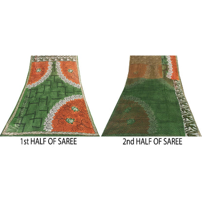 Sanskriti Vintage Sarees Green Pure Silk Geometric Print 5+YD Sari For Crafting