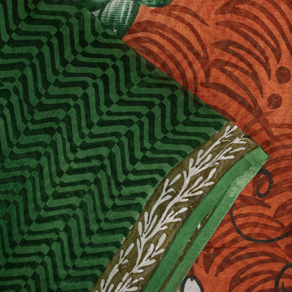 Sanskriti Vintage Sarees Green Pure Silk Geometric Print 5+YD Sari For Crafting