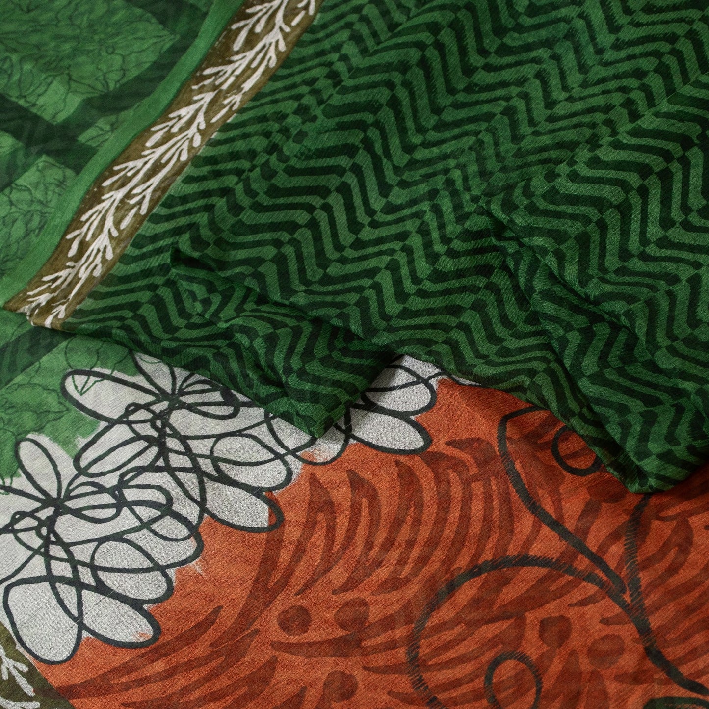 Sanskriti Vintage Sarees Green Pure Silk Geometric Print 5+YD Sari For Crafting