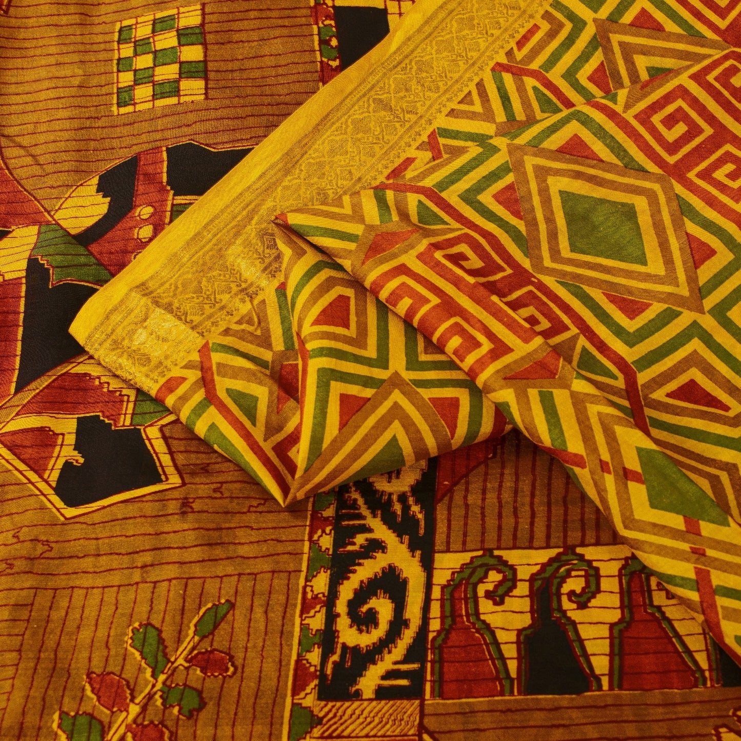 Sanskriti Vintage Sarees Yellow Pure Silk Geometric Print Zari Border 6+YD Sari