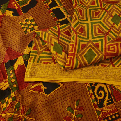 Sanskriti Vintage Sarees Yellow Pure Silk Geometric Print Zari Border 6+YD Sari