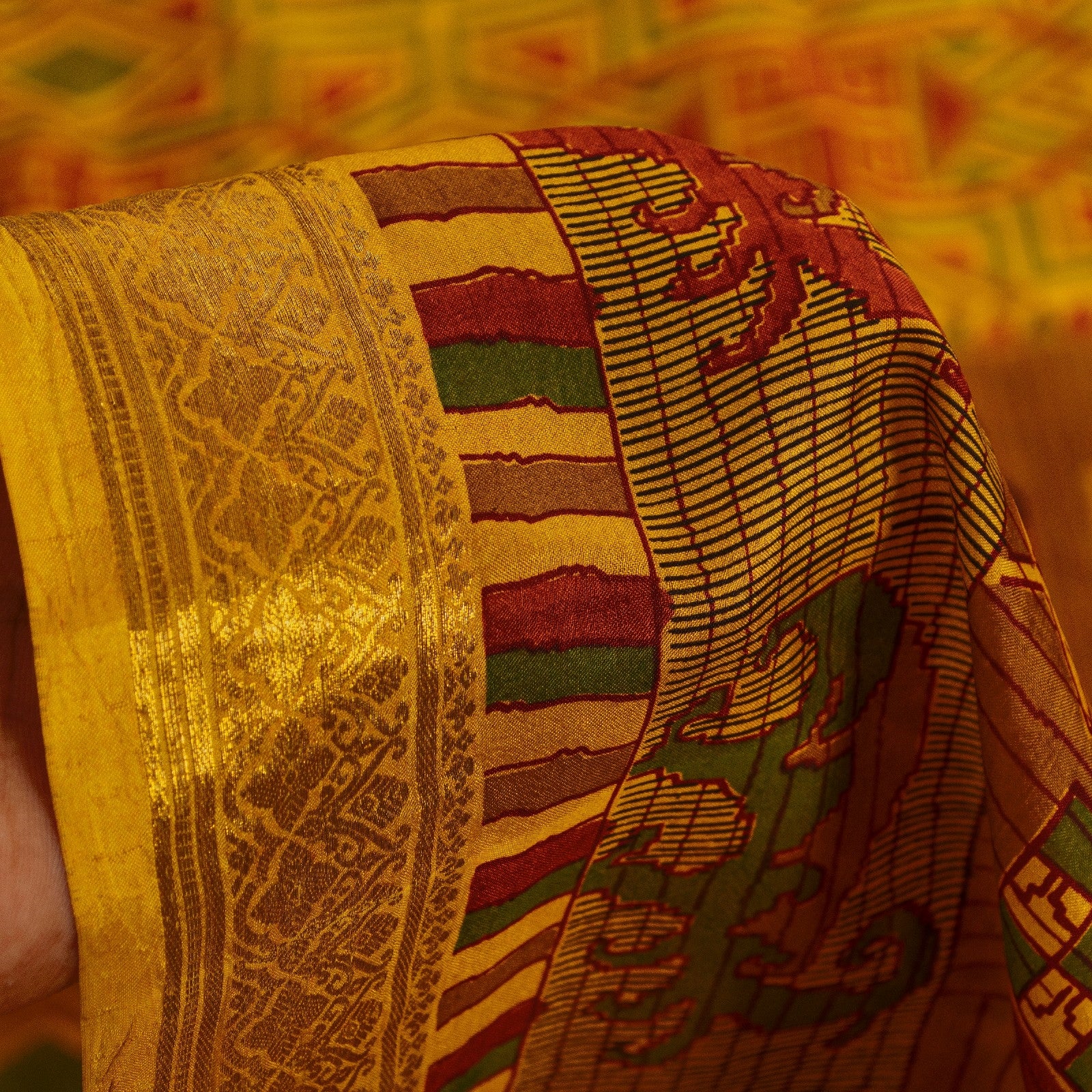 Sanskriti Vintage Sarees Yellow Pure Silk Geometric Print Zari Border 6+YD Sari